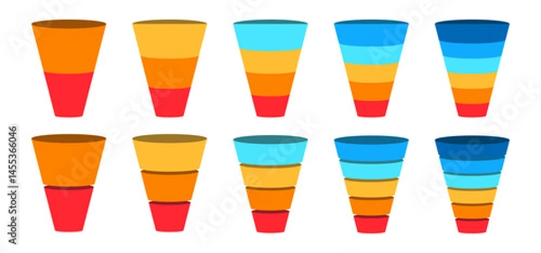 Fototapeta Funnel segmentation. Colorful diagram infographic of funnel set. Segmented of 2, 3, 4, 5, and 6 parts. 