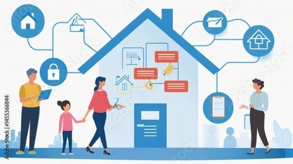 Fototapeta Family Engaged in Smart Home Technology and Digital Solutions