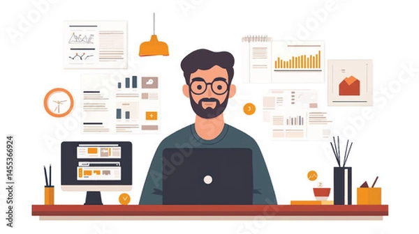 Obraz vector cartoon businessman working front laptop