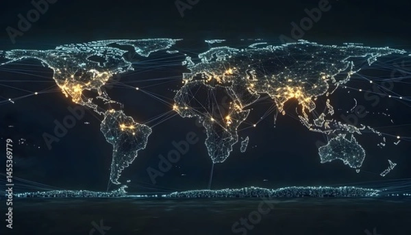 Fototapeta Global Network Illuminated World Map Showing Interconnections
