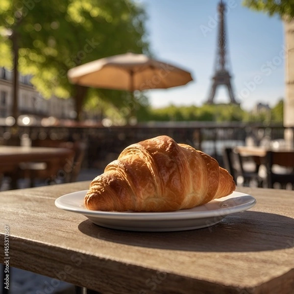 Obraz A delicious chocolate-filled croissant on a small round outdoor café table, delicious chocolate, chocolate 