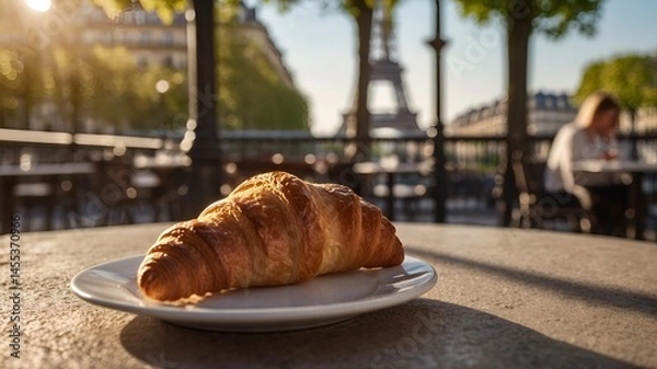 Obraz A delicious chocolate-filled croissant on a small round outdoor café table, delicious chocolate, chocolate 