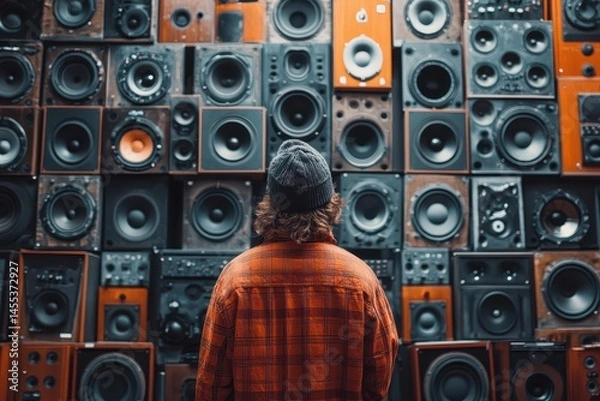 Fototapeta Person observing a wall of speakers in a studio