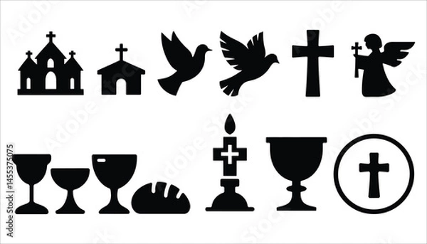 Fototapeta Christian Symbols Vector Set. Church, Cross, Dove, Angel, Communion, Candle Icons.