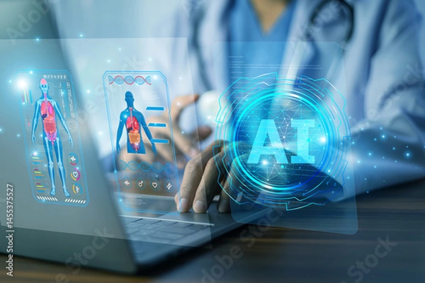 Obraz Doctor using AI technology on laptop for advanced medical diagnosis and patient health data analysis in a futuristic digital interface