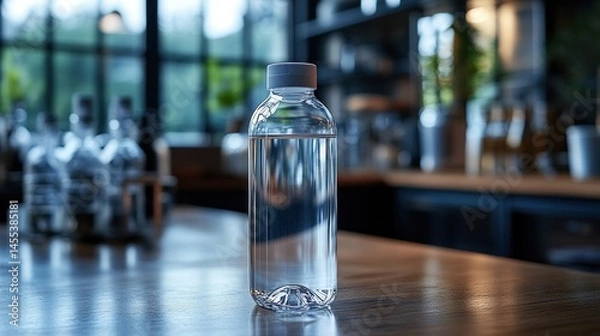 Fototapeta Refreshing Hydration: A Bottle of Water on a Cafe Counter