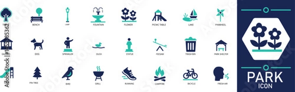 Obraz  Flat vector icons representing park elements like trees, benches, nature, and outdoor activities.