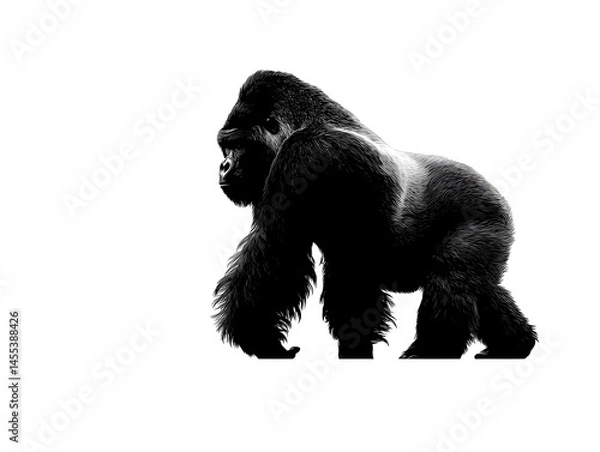 Fototapeta A majestic silverback gorilla stands powerfully against a stark white background showcasing its immense strength and presence.
