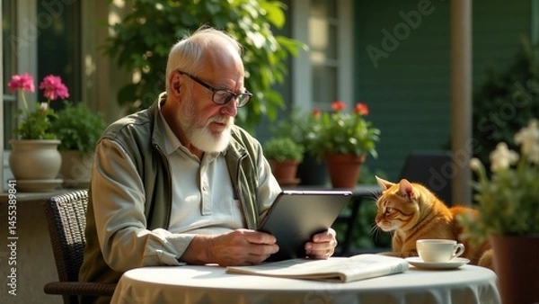 Fototapeta Senior Man Using Tablet With Cat