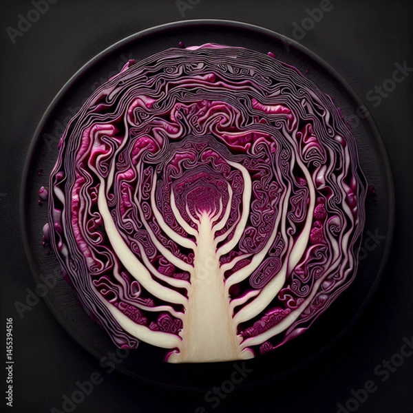 Fototapeta rtistic Red Cabbage Cross Section on Black Plate – Abstract Vegetable Texture