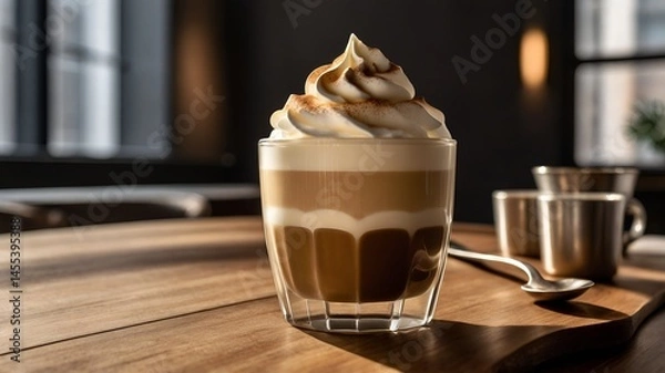 Obraz A close-up of a beautifully crafted Dalgona coffee served in a clear glass, Dalgona coffee
