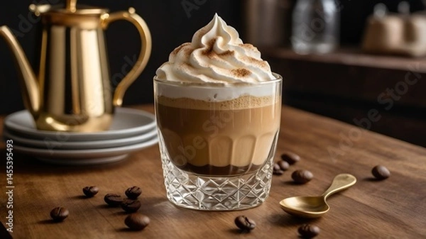 Obraz A close-up of a beautifully crafted Dalgona coffee served in a clear glass, Dalgona coffee