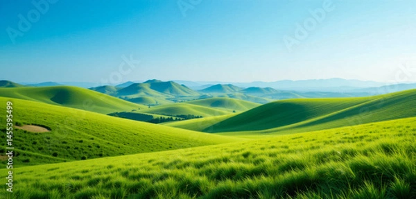 Obraz Rolling green hills stretch to a hazy horizon under a brilliant blue sky.  The vibrant landscape is peaceful and idyllic, perfect for a nature escape.