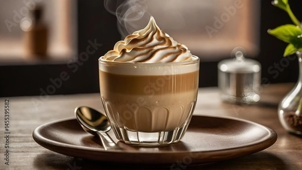 Obraz A close-up of a beautifully crafted Dalgona coffee served in a clear glass, Dalgona coffee