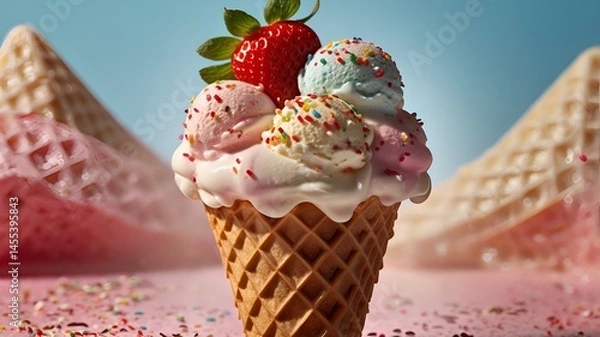 Obraz A delicious ice cream cone with three scoops (strawberry, chocolate, vanilla) vanilla ice cream 