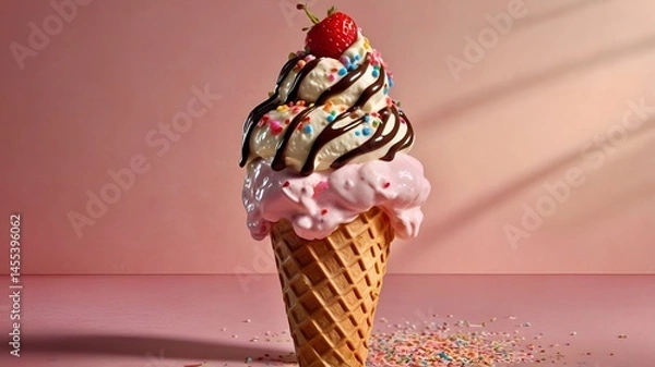 Obraz A delicious ice cream cone with three scoops (strawberry, chocolate, vanilla) vanilla ice cream 