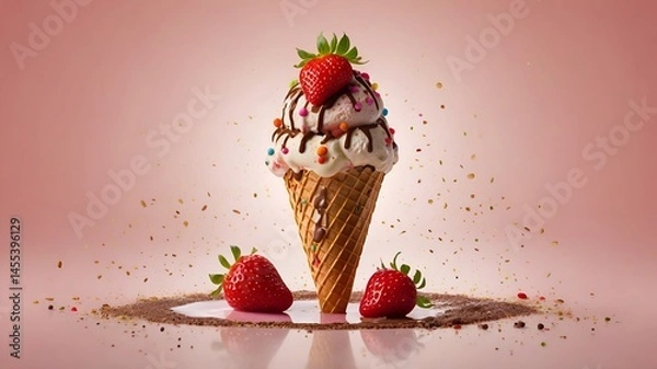 Obraz A delicious ice cream cone with three scoops (strawberry, chocolate, vanilla) vanilla ice cream 