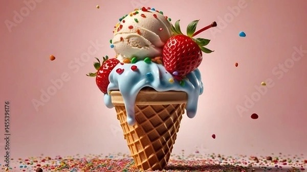 Obraz A delicious ice cream cone with three scoops (strawberry, chocolate, vanilla) vanilla ice cream 