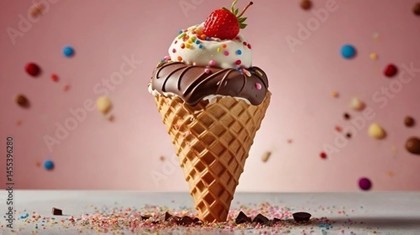 Obraz A delicious ice cream cone with three scoops (strawberry, chocolate, vanilla) vanilla ice cream 