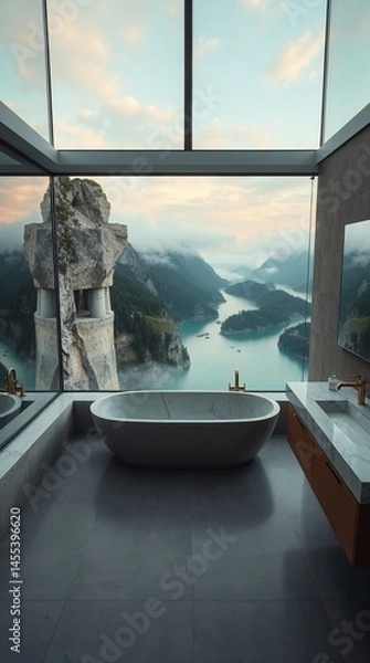 Obraz a modern bathroom in a Slovenian cliffside mansion. The composition features floor-to-ceiling glass showcasing an emerald river, 