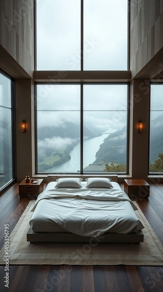 Obraz a modern bathroom in a Slovenian cliffside mansion. The composition features floor-to-ceiling glass showcasing an emerald river, 
