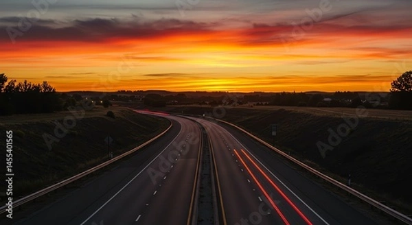 Fototapeta Highway at Sunset with Car Light Trails