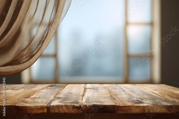 Fototapeta Rustic wooden table by sheer curtains, overlooking a blurred winter window view.