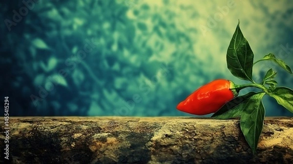 Fototapeta Vibrant red pepper rests on rustic wooden surface.