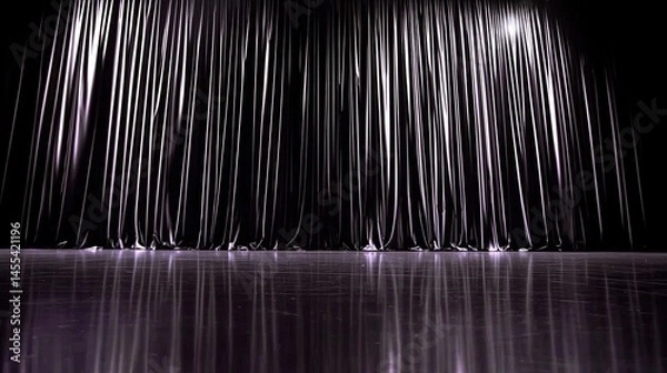 Fototapeta Dark stage with shimmering drapes and reflective floor.
