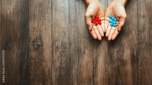 Fototapeta Open hands holding colorful pills on a wooden surface.