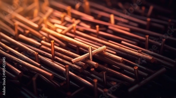 Fototapeta Abstract design of numerous, intersecting, reddish-brown rods.