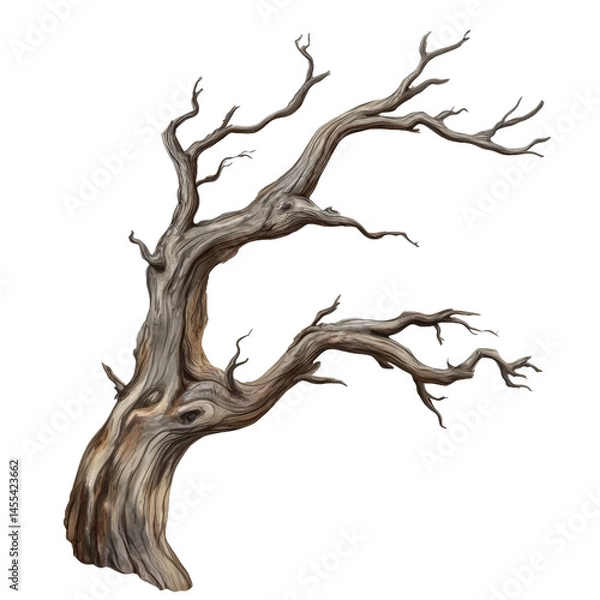 Fototapeta A gnarled, weathered tree with twisted branches stands alone against a transparent background, showcasing its intricate textures and natural beauty, ideal for artistic or educational use