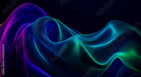 Fototapeta Abstract background with flowing ribbons of fabric in neon colors of blue, green and purple, with dark shades of blue and green,
