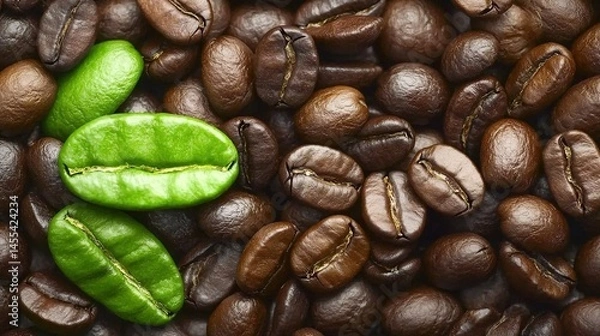 Fototapeta Close-up view of coffee beans with fresh, vibrant green leaves.
