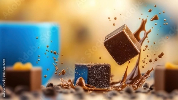 Fototapeta Chocolate squares in mid-air,  surrounded by liquid chocolate splashes.