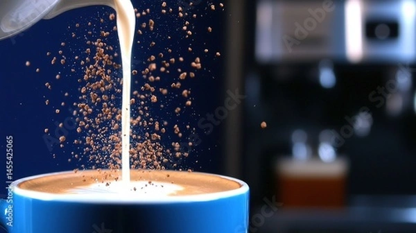 Fototapeta A close-up view of milk pouring into a coffee cup.