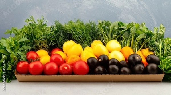 Fototapeta Colorful assortment of fresh fruits and vegetables in a display tray.