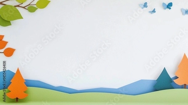 Fototapeta Colorful paper cutouts of trees, leaves, and butterflies on a white background.