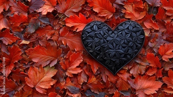 Fototapeta Black heart-shaped object rests amidst autumn leaves.