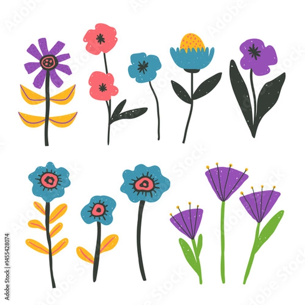 Fototapeta Set of bold positive flowers clip arts hand drawn in naive style, optimistic bright floral illustration, vector isolated items on white background