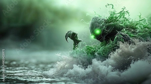 Fototapeta A luminous, aquatic creature emerging from a misty stream.