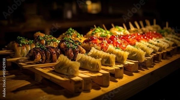 Fototapeta Diverse selection of Asian food skewers on a wooden tray.