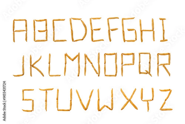 Fototapeta alphabet A to Z, uppercase,  made from french fries isolated on white background, top view