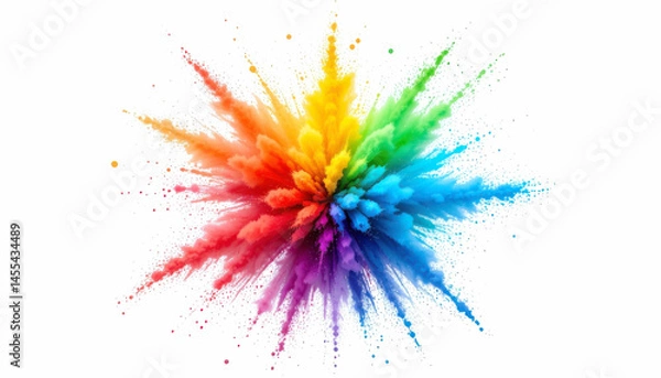 Obraz A captivating image showcasing a vibrant explosion of rainbow-colored powder against a stark white background. The colors burst outwards in a dynamic, starburst pattern, creating a visually stunning e