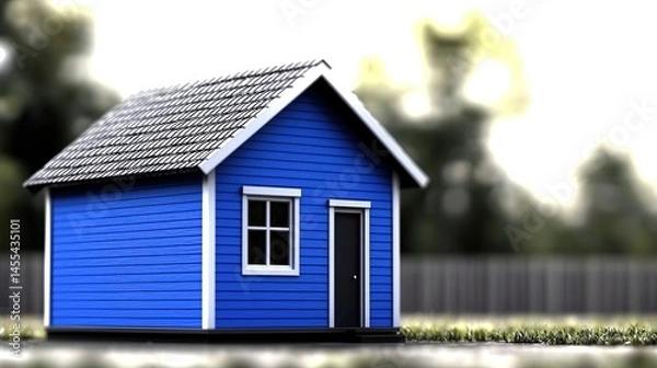 Fototapeta Small, blue house model, situated in a garden setting.