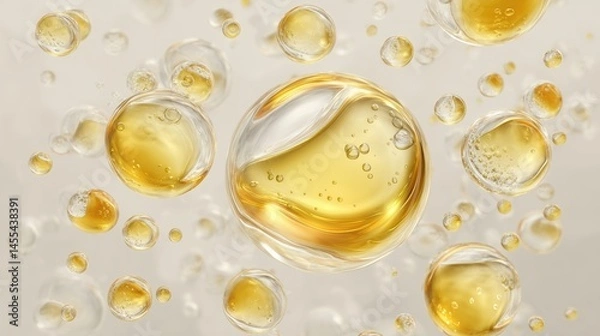 Fototapeta Golden oil drops floating with white spheres on off-white textured background. Realistic 3D rendered liquid bubbles with dramatic lighting and depth effect, suitable for cosmetic product visualization