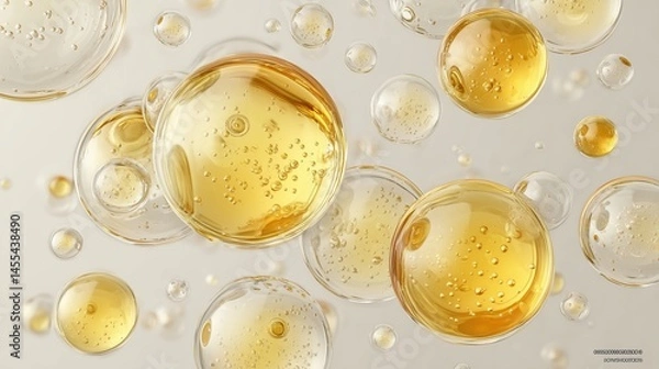 Fototapeta Golden oil drops floating with white spheres on off-white textured background. Realistic 3D rendered liquid bubbles with dramatic lighting and depth effect, suitable for cosmetic product visualization