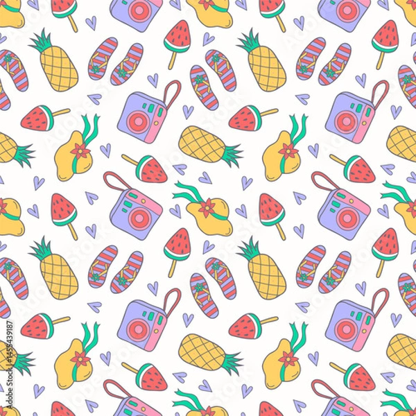 Fototapeta Seamless summer pattern featuring hand-drawn doodles of flip-flops, pineapples, cameras, sun hats, and ice cream in vibrant tropical colors.  