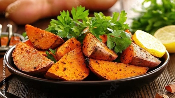 Obraz Roasted sweet potato wedges garnished with fresh herbs and lemon.