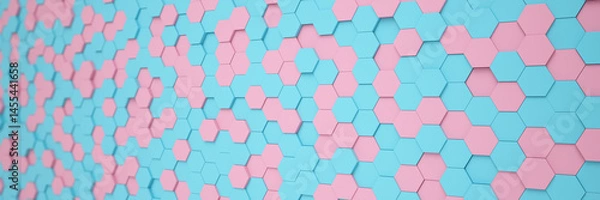 Fototapeta 3d rendering of hexagons in blue and pink color - abstract background - wallpaper - backdrop.